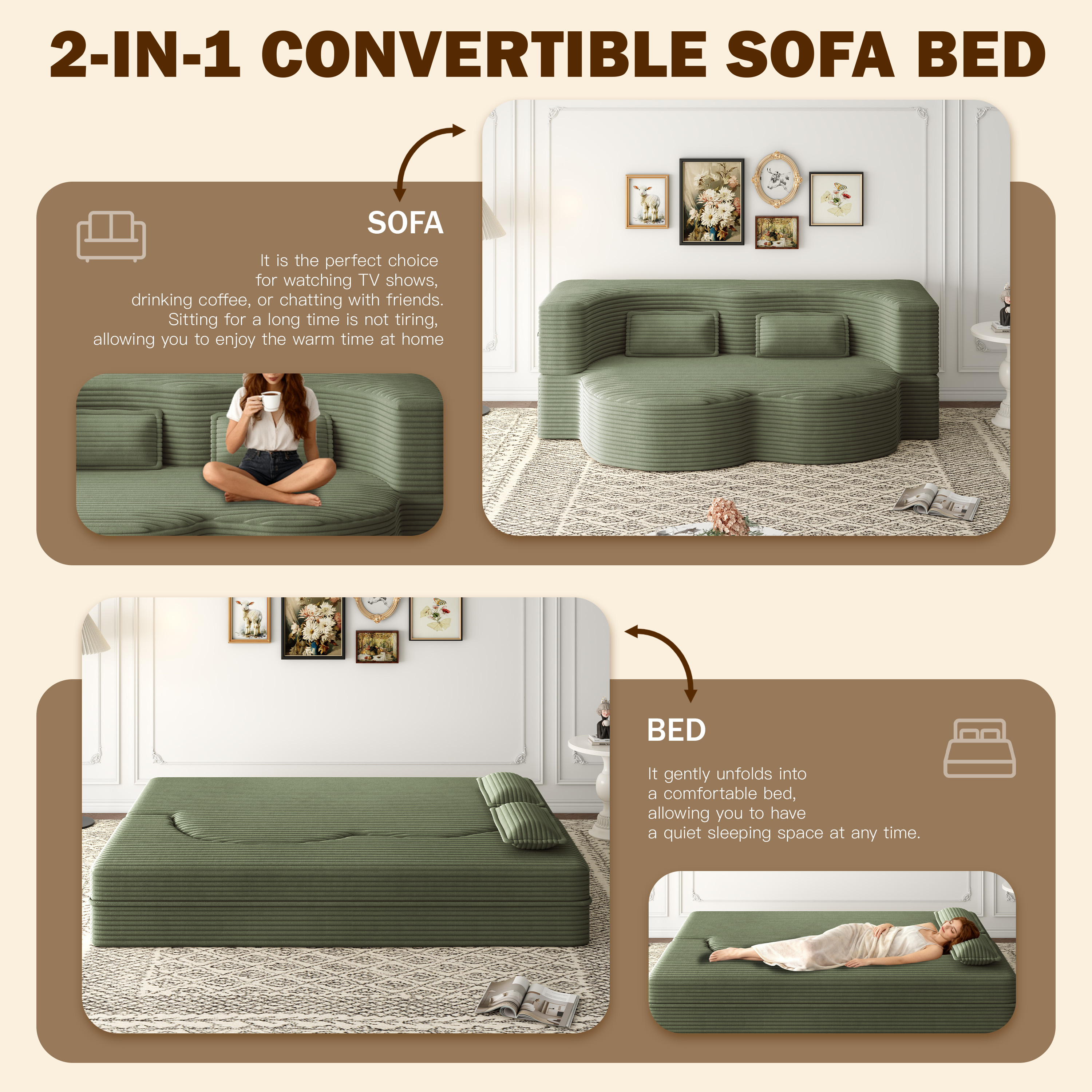 LLappuil Full Size Futon Convertible Sleeper Sofa Bed, 78" Corduroy Loveseat Floor Sofa Couch for Living  Room