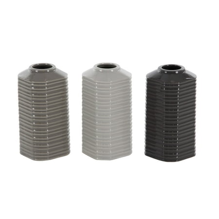 Ribbed Ceramic - Decmode Set of 3 contemporary 8 inch glazed and ribbed ceramic vases, Gray, White, Black