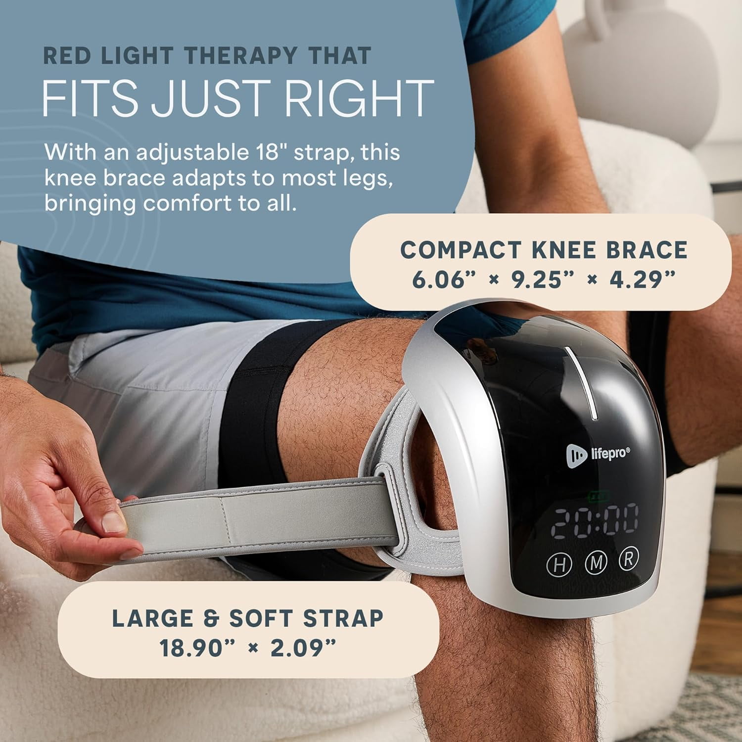LifePro Red Light Therapy Knee Brace – Portable Near Infrared LED Wrap with Heat, Vibration & Rechargeable Battery - Silver
