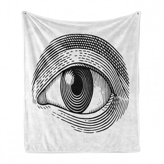 Eyeball Soft Flannel Fleece Blanket, Geometric Lines Circles Pattern Vintage Woodcut Design Inspired Illustration, Cozy Plush for Indoor and Outdoor Use, 60" x 80", Black and White, by Ambesonne
