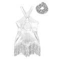 thumbnail image 6 of TiaoBug Womens Latin Jazz Dance Leotard Sequins Tassel Gymnastics Jumpsuit with Hair Tie Silver XL, 6 of 7