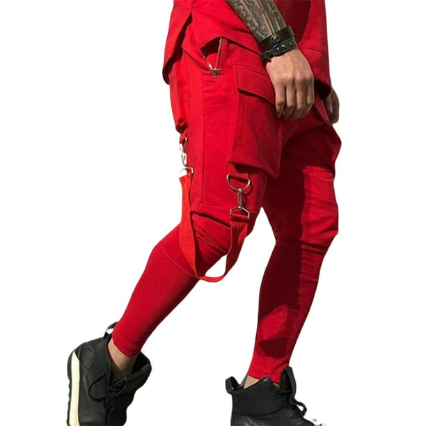 Boiiwant Men Solid Color Cargo Trousers Middle Waist Drawstring Long Pants  