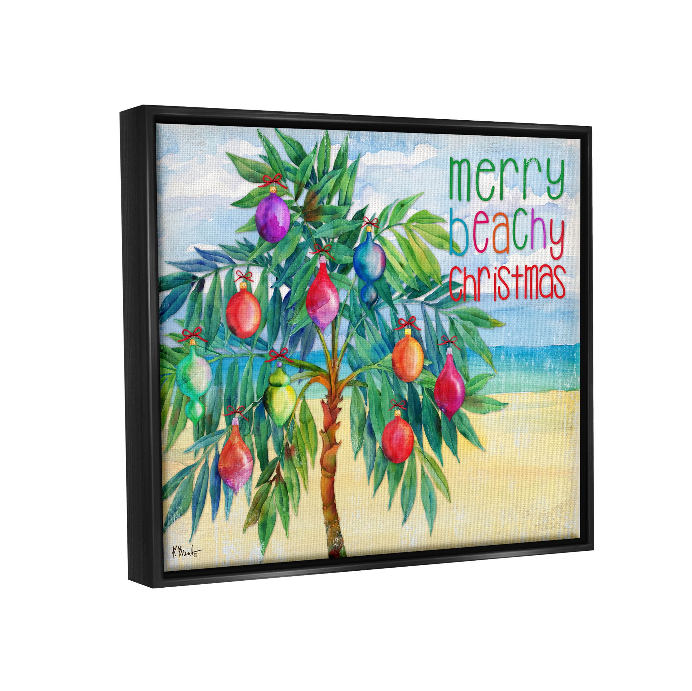 Stupell Industries Merry Beachy Christmas Holiday Palm Graphic Art Jet Black Floating Framed Canvas Print Wall Art, Design by Paul Brent