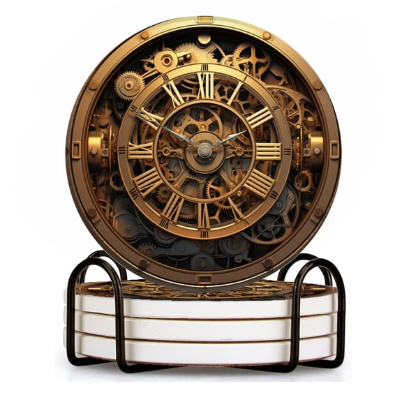 BaHomeck Drink Coasters Set of 4 with Holder Steampunk-style clock with gears and cogs Water Absorbent Ceramic Coasters Tabletop Protection,Suitable for Various Cup ,Home Decor