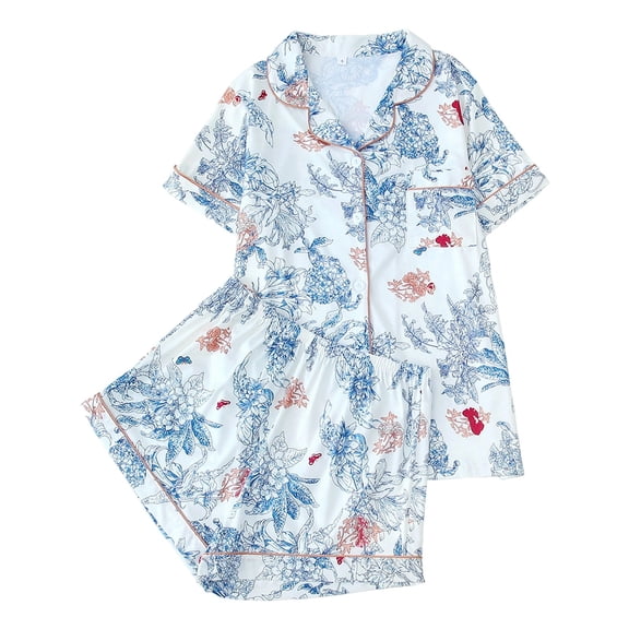 Wang6 Pajamas Sets for Womens with Shorts Soft Pjs Loungewear Sets 2 Pieces Short Sleeve V Neck Button Shirts Shorts Floral Printed Sleepwear Set Light Blue XL