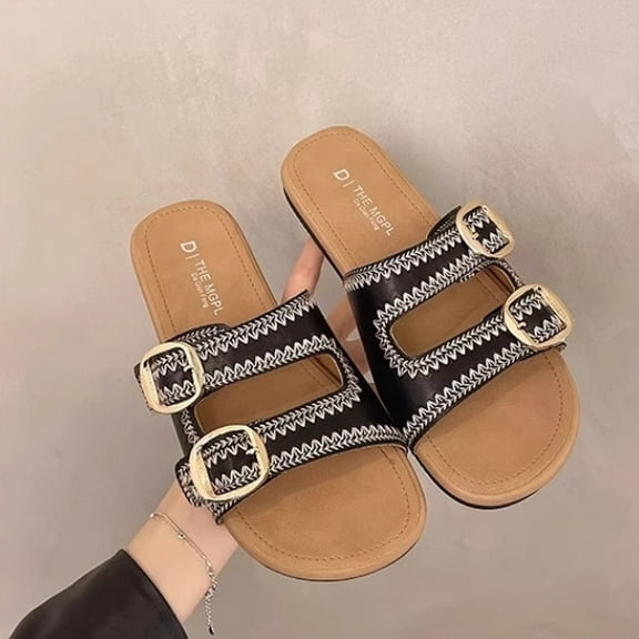 Women's Metallic Slide Sandals with Double Adjustable Buckle Straps - Comfortable & Stylish Summer Footwear
