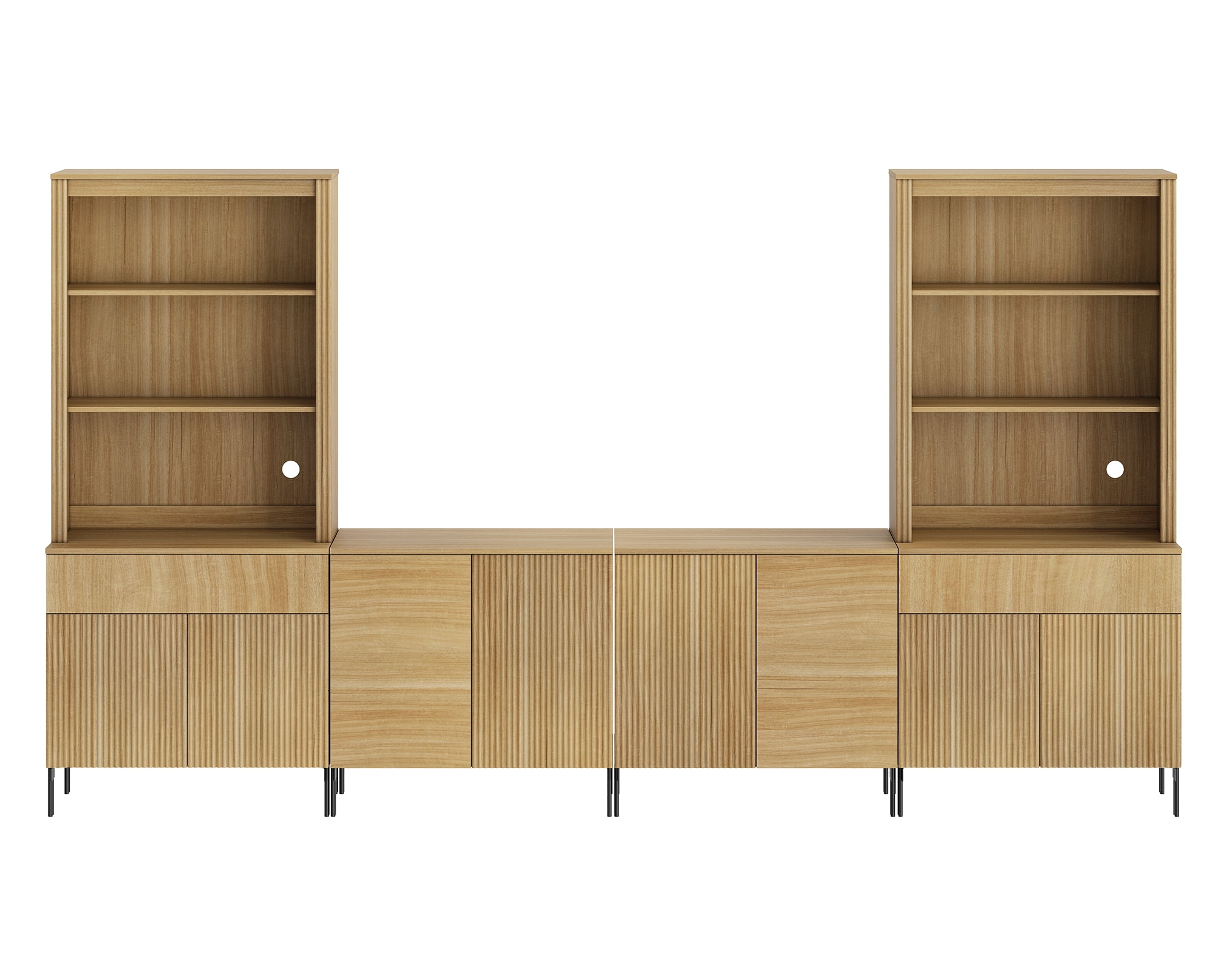 71" Tall Arched Kitchen Pantry Cabinet Set of 2, Wood Bookcase Display Cabinet With Drawers And Open Arched Shelves, Mid-Century Modern Versatile Cupboard For Dining Room, Bedroom