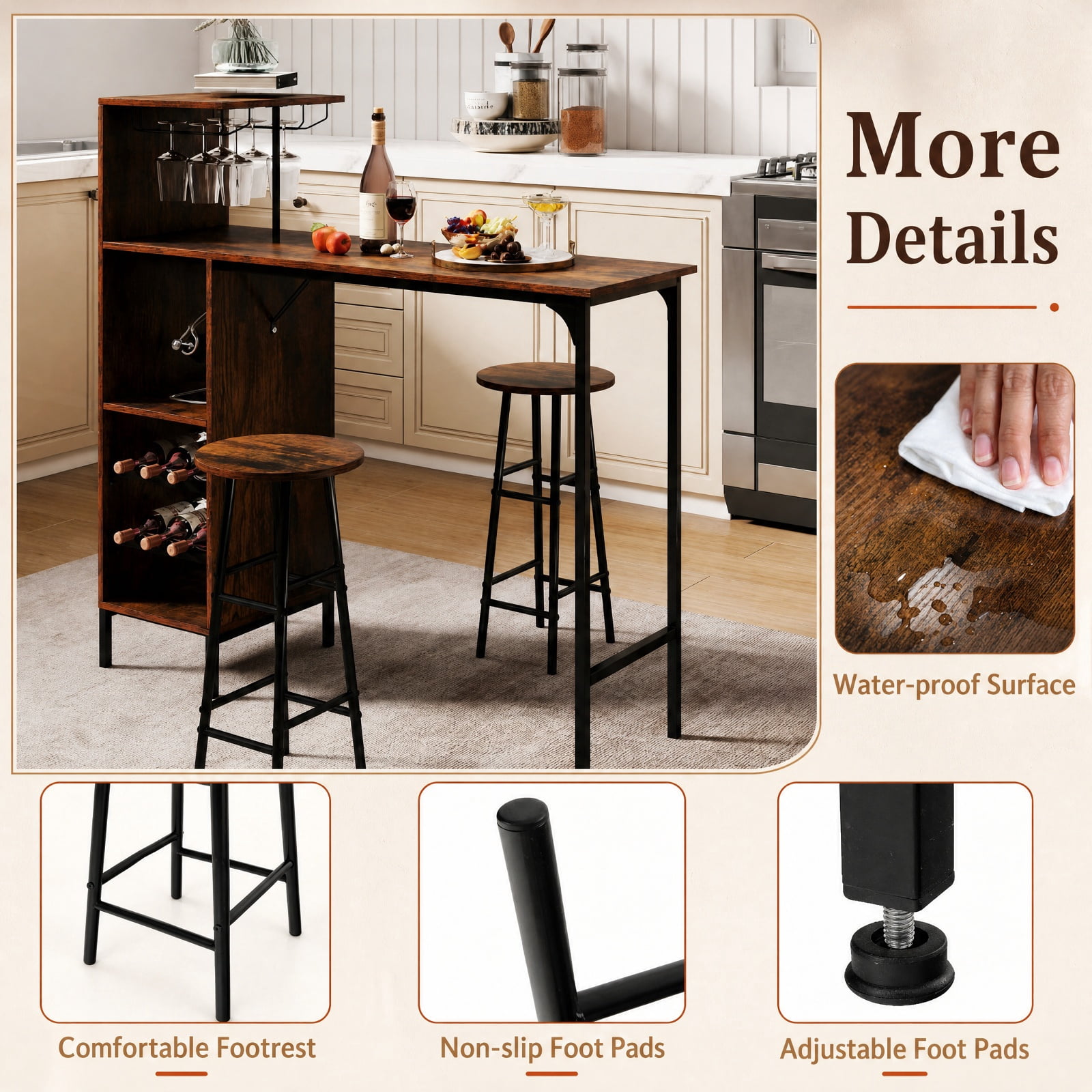 Furnibear 3 Piece Bar Table and Chairs Set with 6-Bottle Wine Rack for Kitchen Dining Room Breakfast Nook Home, Rustic Brown