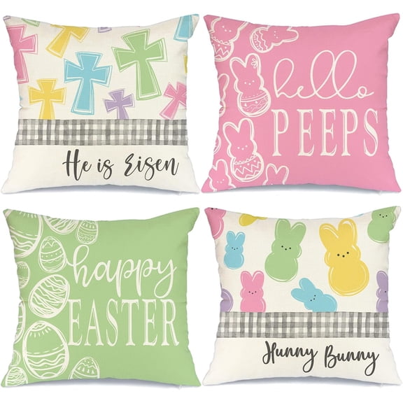 hofaaa Happy Easter Throw Pillow Covers 18x18 Set of Hello Peeps He is Risen Cross Hunny Bunny Spring Home Decor for Couch G205-18