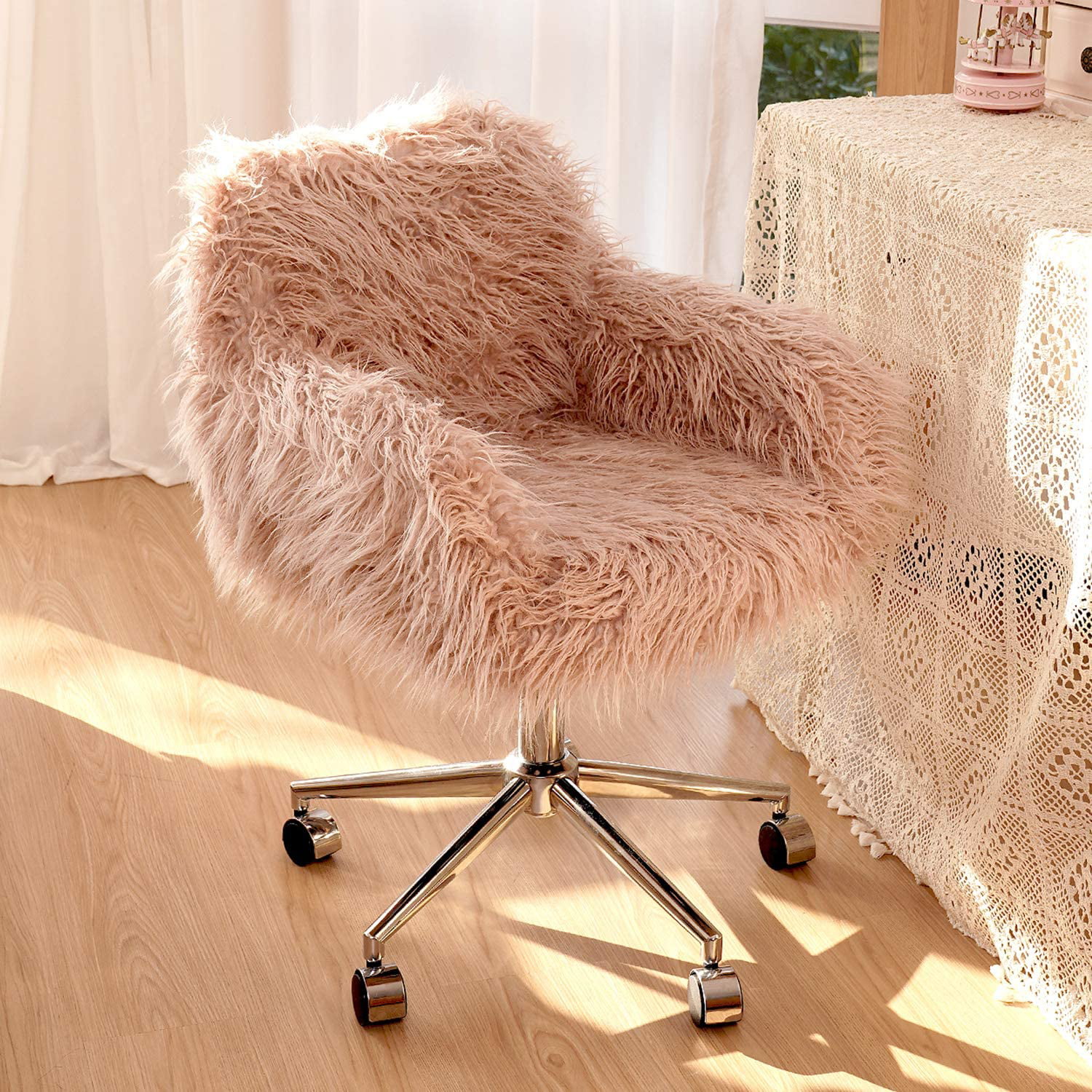 White Faux Fur Chair Home Office Chair Furry Chair Makeup Vanity Chair with Back and Armrest with Solid Wood Look Metal Legs for Living Room Dining Room Bedroom