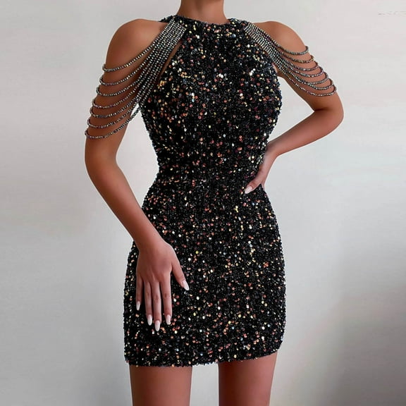 DailyTrove Women's Sequin Bodycon Dress-Sleeveless-Mini-Polyester-for Nightclub/Party-Sparkly Sequin