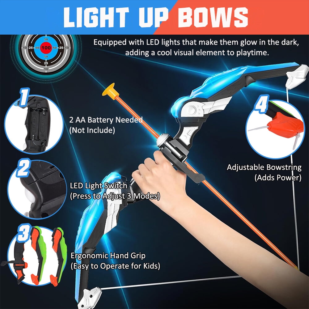 Bow and Arrow Set, LED Light Up with 20 Suction Cup Arrows Target & Quiver Archery Set with Standing Target for Boys & Girl