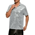 thumbnail image 5 of INSPIRE CHIC Sequin Shirts for Men's Glitter 70s Disco Shirt Button Down Short Sleeve Metallic Tops XL Silver, 5 of 6