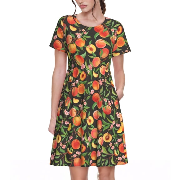 Defioc Fruits Peach Pattern Womens Summer Dresses Short Sleeve Sundress 2025 Beach Vacation Dresses with Pockets -Small