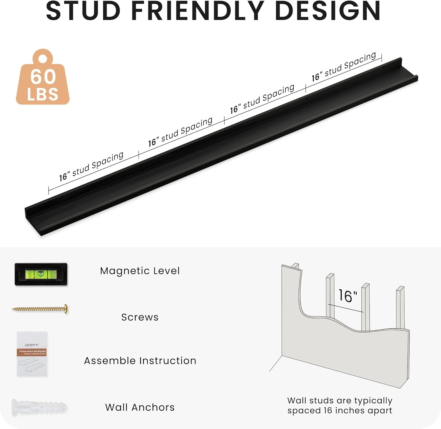 Long Floating Shelves for Wall, 72 inch Solid Wood Picture Ledge Shelf, Picture Shelf for Wall with Ledge, Floating Book Shelves for Living Room Bedroom Kitchen Nursery Decor, Black, Set of 2