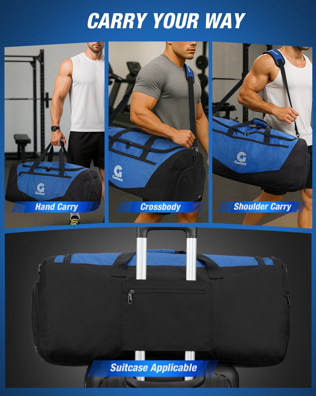 Gonex 60L Gym Duffel Bag, Sports Duffle with Shoe Compartment & Wet Pocket, Water-Resistant Travel Bag for Fitness, Camping, Weekend Trips