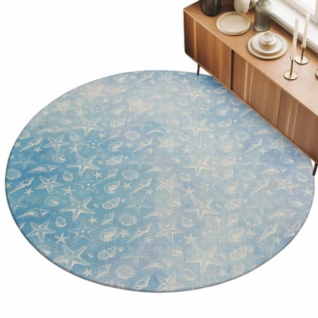 Marine Life Area Rugs 4 (Round) Ocean Starfish Conch Vintage Blue Linen Texture Gradient Floor Rug Non Slip Low Pile Ultra Soft Throw Carpet for Entryway Indoor Entrance Kitchen Bathroom