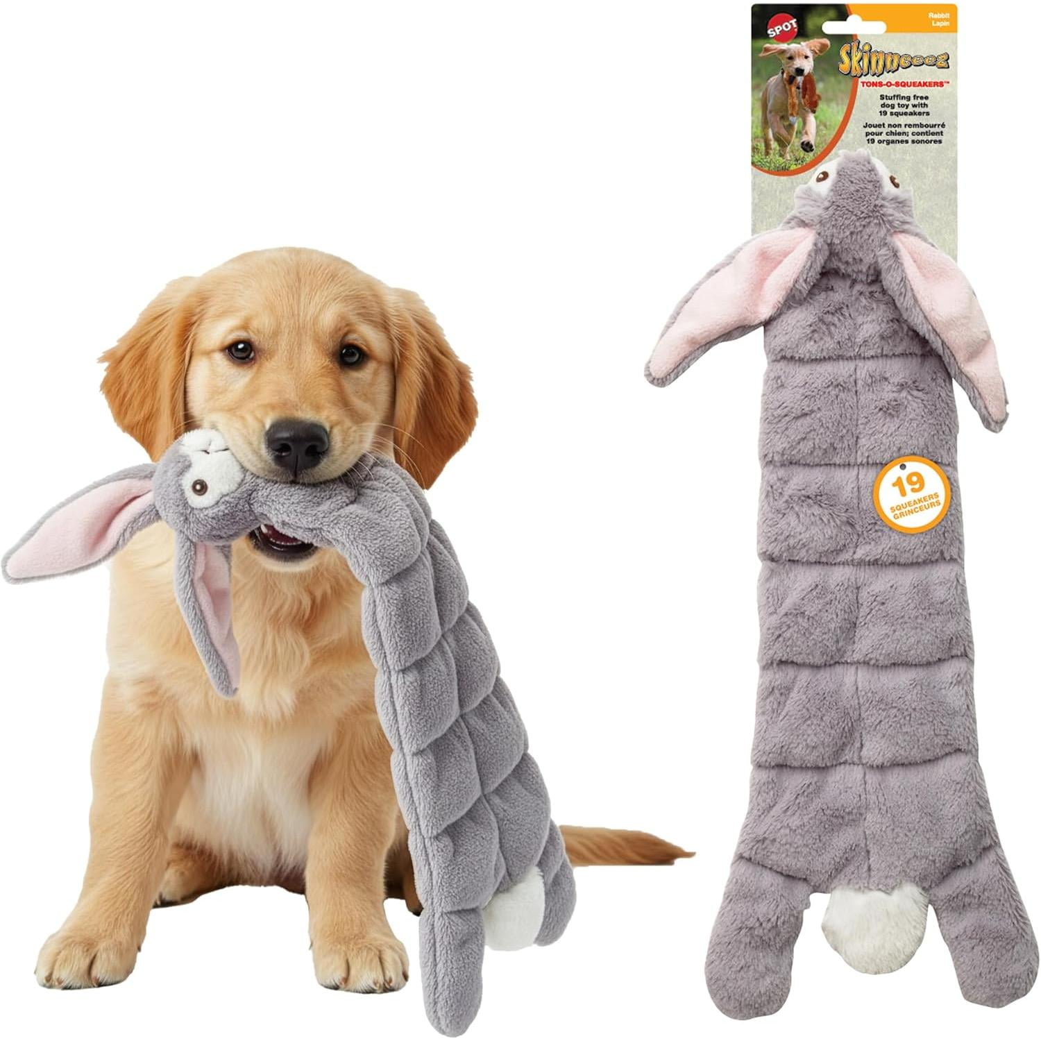 SPOT Skinneeez Tons-O-Squeakers Rabbit Dog Toy, Fun No Stuffing Dog Toys with 19 Squeakers, for Moderate Chewers, Medium to Large Puppies & Dogs, 20in