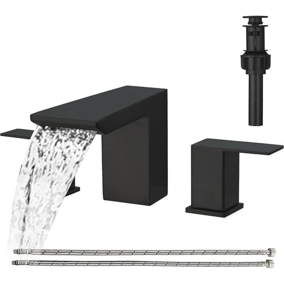 Matte Black Bathroom Faucet 3 Holes Two Handles Vanity Widespread 8 Inch Bathroom Sink Faucet, Waterfall Bathroom Sink Faucet with cUPC Supply Hoses, Pop Up Drain, Stainless Steel