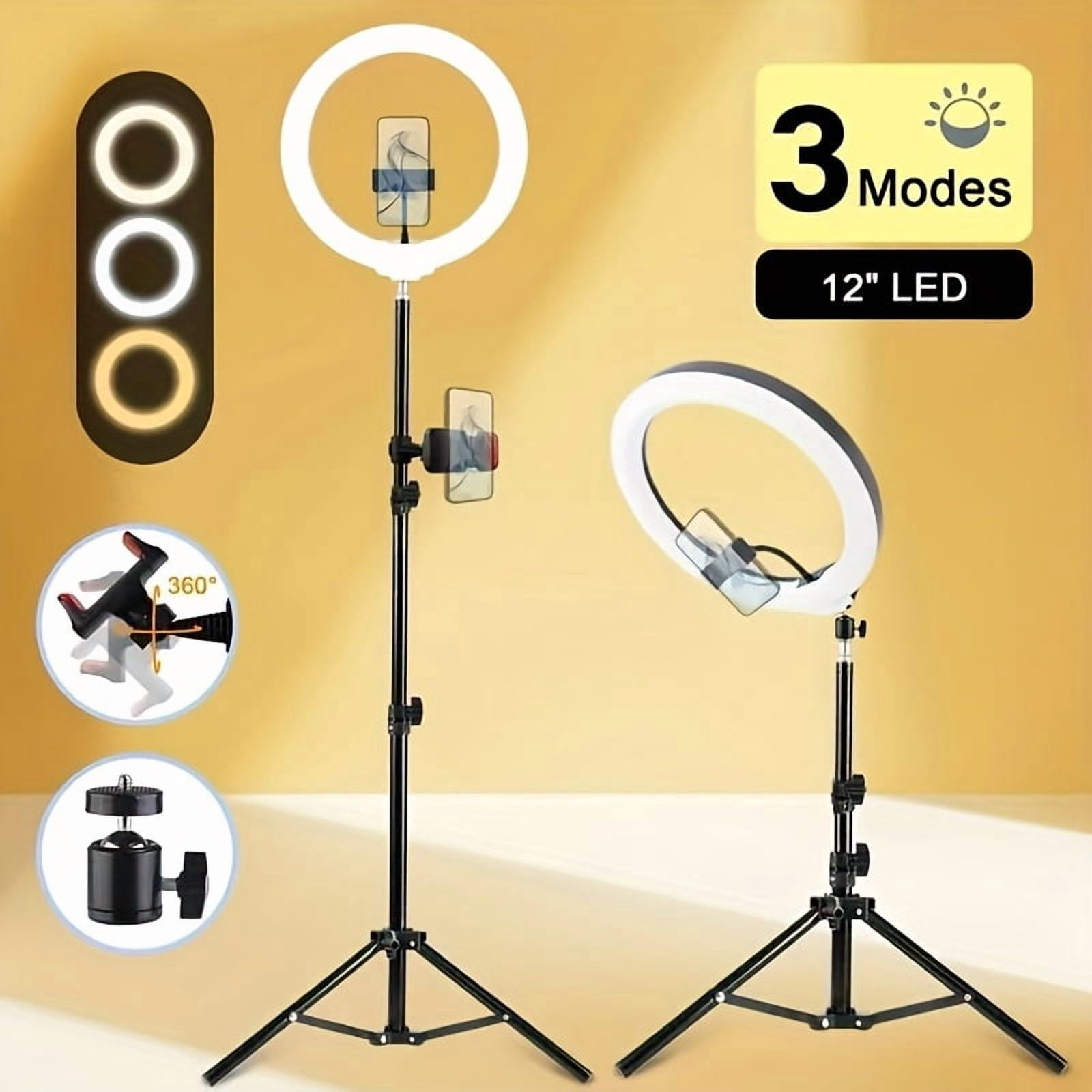 General LED Selfie Ring Light Kit with Dual Phone Stand - 3 Color Modes, 12 Brightness Levels, USB Powered - Ideal for Makeup, Photography & Video, Selfie Stick for Phone