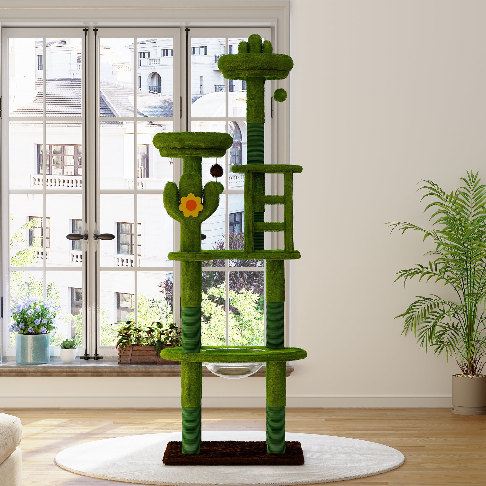 Leumius 72" Cat Tree with Transparent Capsule,Sisal Scratching Posts,Plush Perches and Interactive Toys,Multi-Level Cat Activity Center Furniture for Kittens and Large Cats Green