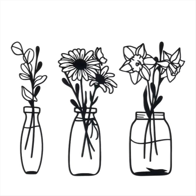 Decoración de Pared con Flores de Metal, 3 Piezas, Arte de Pared Floral, Flor en Jarrón, Decoración de Pared, Jarrón de Flores, Decoración de Interiores, Arte de Pared de Hierro