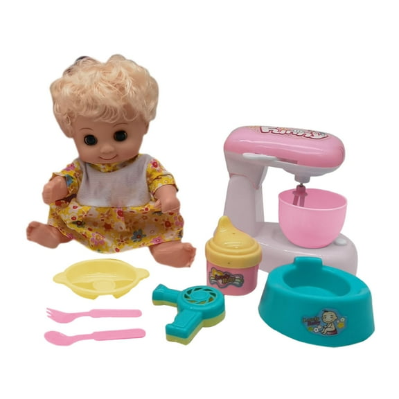 KOYPTL 8 Inch Baby Doll with Accesoories for Toddlers,Pretend Play Set Include Blender Drinks Kettle a Bowl Knife and fork,Birthday Christmas Gift for Kids Girls Boys 3 4 5  Years Old