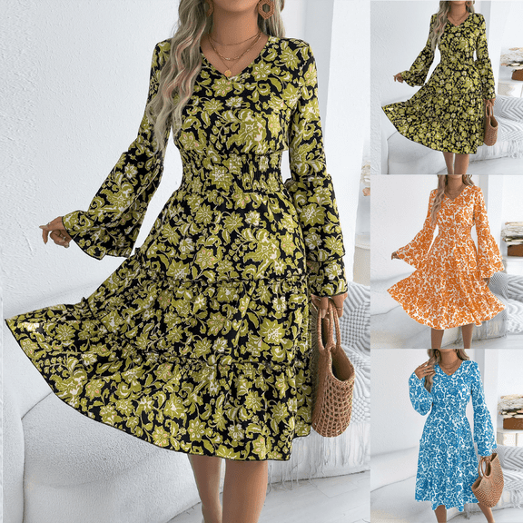 Summer Dresses for Women V Neck Flare Long Sleeve Floral Flowy Swing A Line Beach Vacation Casual Dresses S-XL