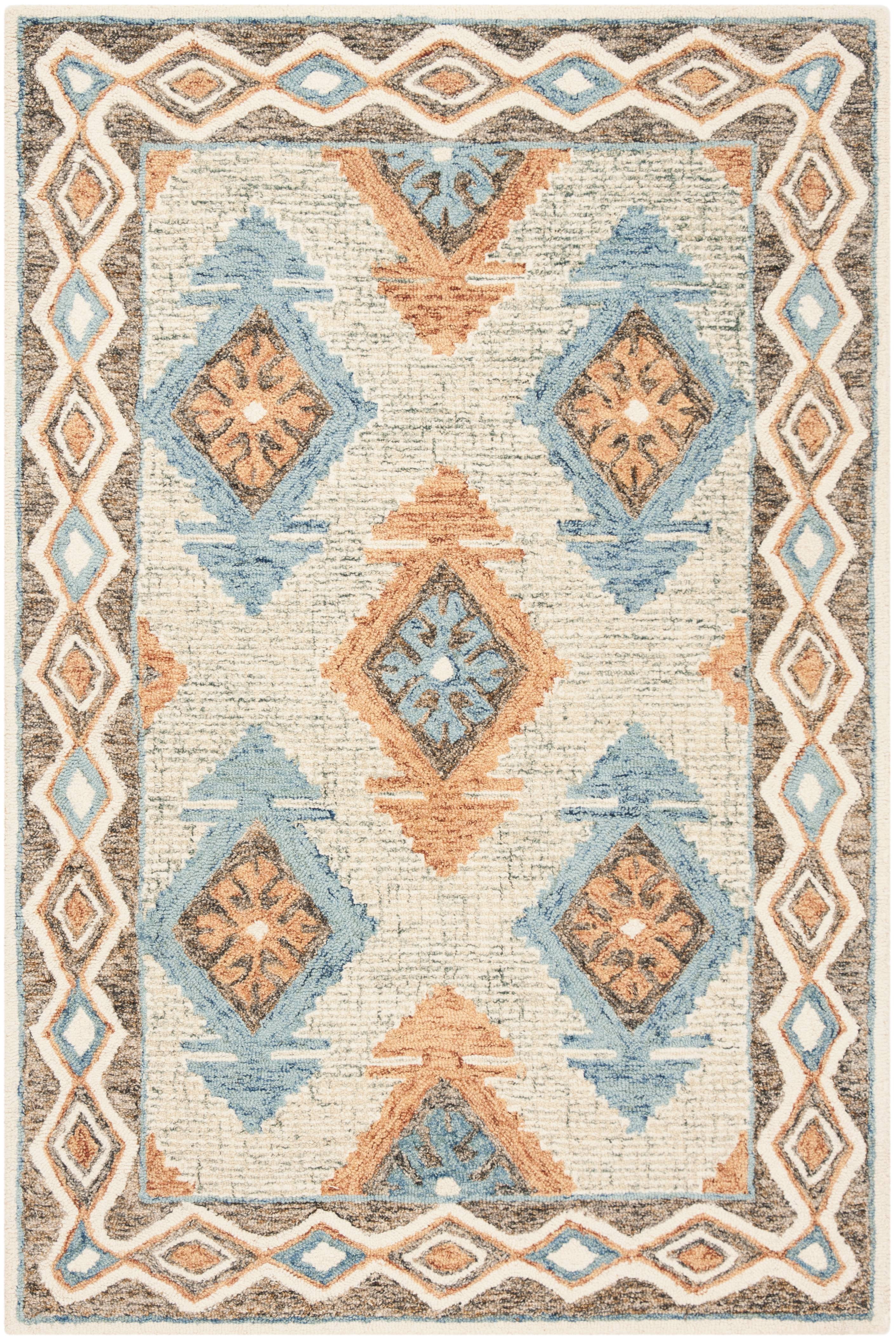 SAFAVIEH Micro-Loop Averill Geometric Aztec Wool Area Rug, Blue/Beige, 4' x 6'