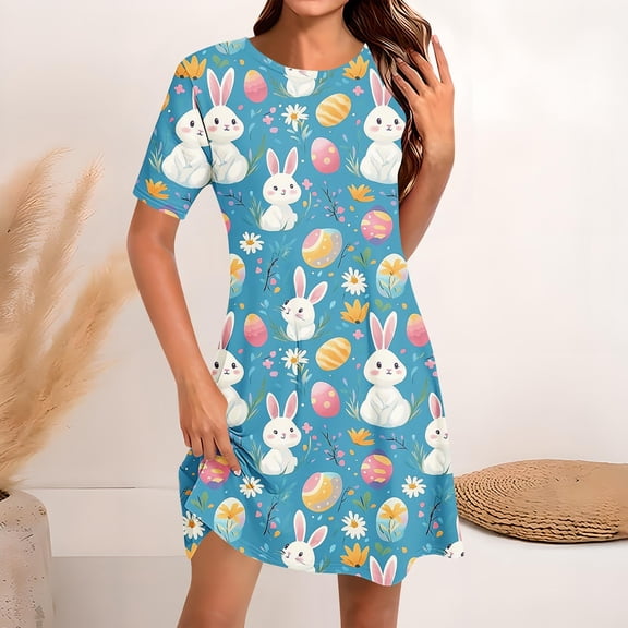 Nuoqisi Easter Dresses for Womens Summer Elegant Midi Dresses Short Sleeve Round Neck Loose Fitted A-Line Dress 2026