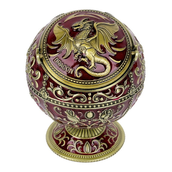 Dragon Ashtray with Lid – Burgundy Gold Zinc Alloy Windproof Ashtray, 3D Embossed Design, Cone Incense Burner for Man Cave, Fantasy, Medieval Room