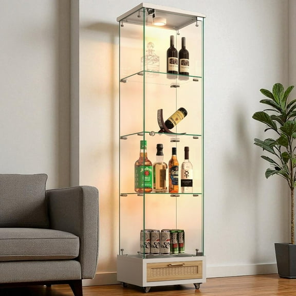 GZXS Modern Tall Glass Display Cabinet with Drawer, LED Lights & Lockable Door, 65.8"H Tempered Glass Curio Case with 4 Shelves and Wheels, Quick-Assembly for Living Room, Bedroom - White Natural