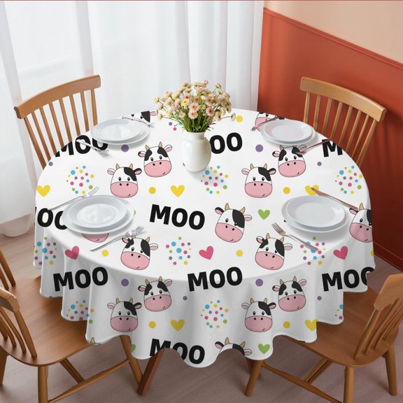 Cow and Heart White Pattern Round Tablecloth 70"x70", Wrinkle Resistant Wipeable Table Cover for Kitchen Dining Room Picnic Patio and Party