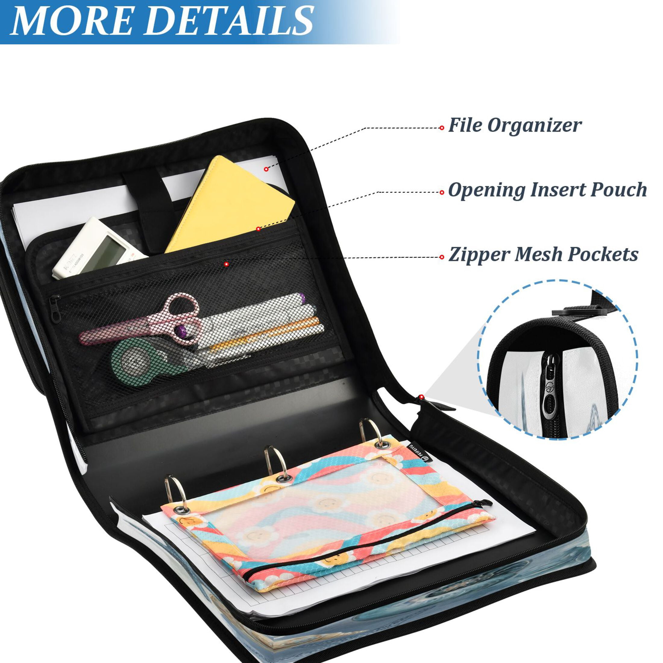 3 Ring Zipper Binder Stationery Organizer for Study Work Home Travel, All-Purpose File Folder Storage Bag for Daily Document Organization Watercolor Coastal Shell Collage