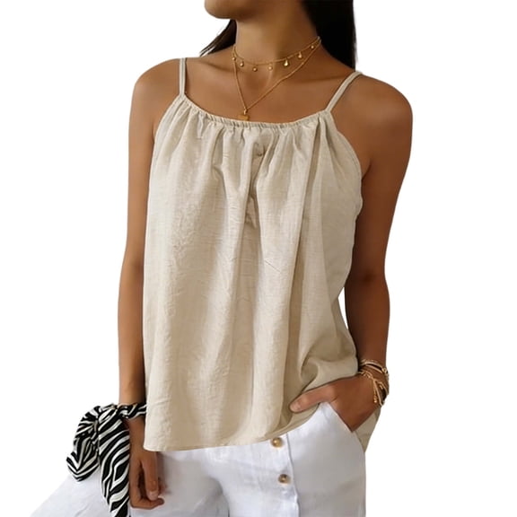 Rutainlusire Women's Tops Trendy Loose Fit Ruched Cami Tank Top Women's Fashionable Multi-color Camisole Linen Adjustable Sleeveless Top