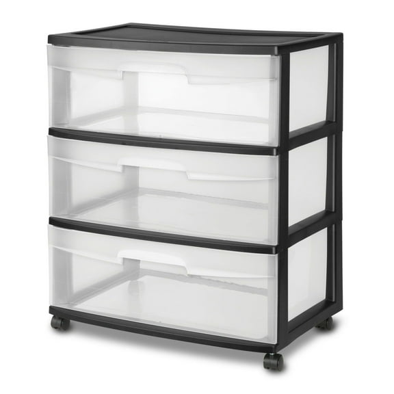 3 Drawer Wide Plastic Storage Cart with Clear Pull Out Drawers, Black