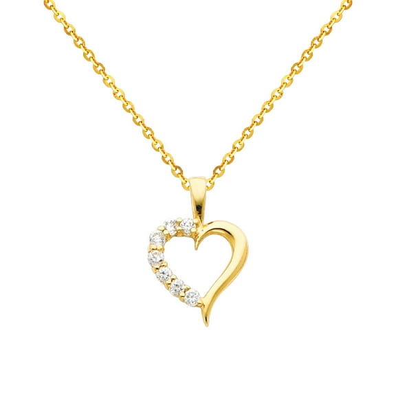 Wellingsale 14k Yellow Gold Polished Journey Heart CZ Cubic Zirconia Charm Pendant with 1.2mm Side Diamond Cut Cable Chain Necklace - 16"