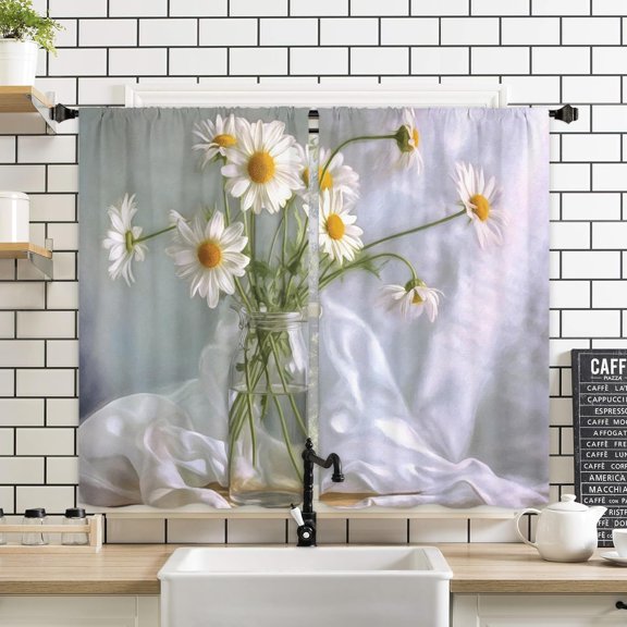 White Daisy Flower Kitchen Window Curtains 2 Panels 27.5W x 39H Rod Pocket Floral Plant Vase Aesthetic Art Small Short Door Decor Bathroom Drapery Treatment