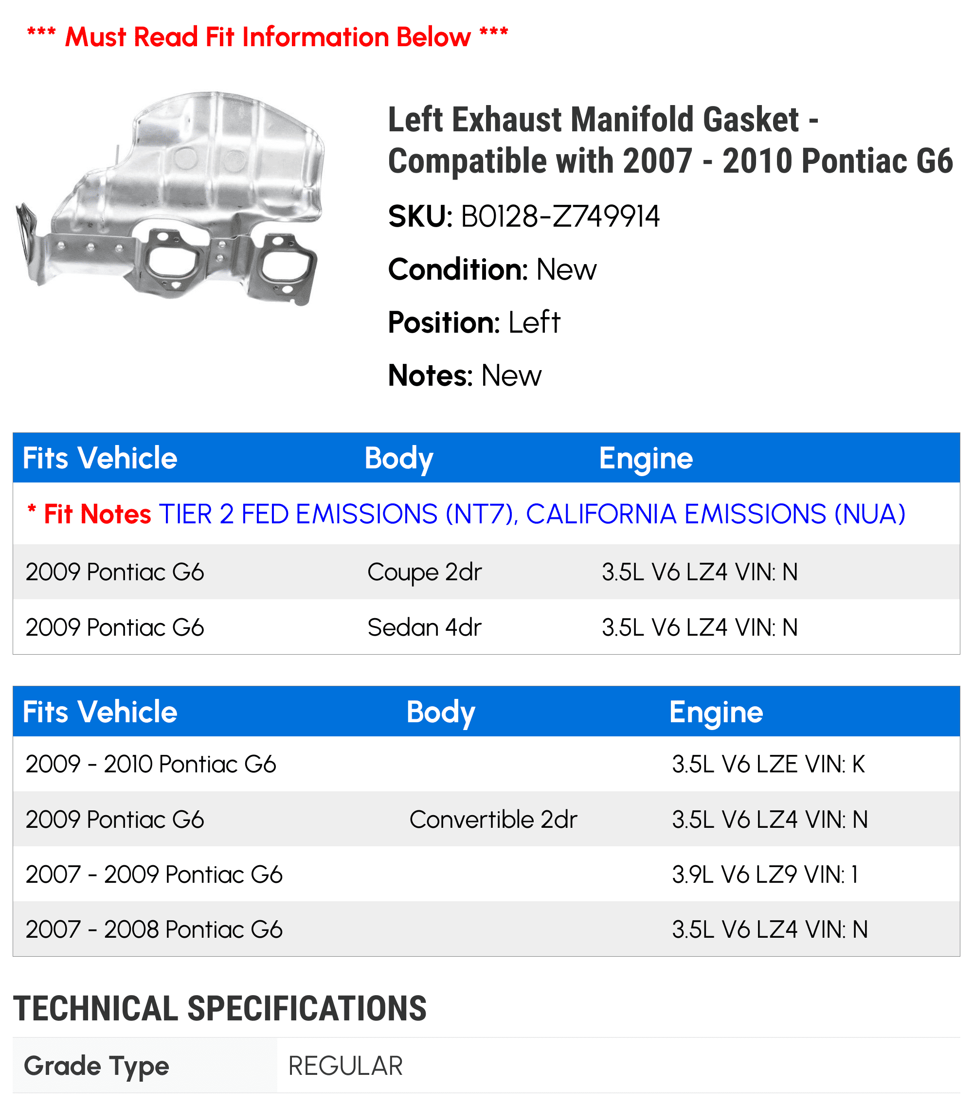 Left Exhaust Manifold Gasket - Compatible with 2007 - 2010 Pontiac G6 - AC Delco