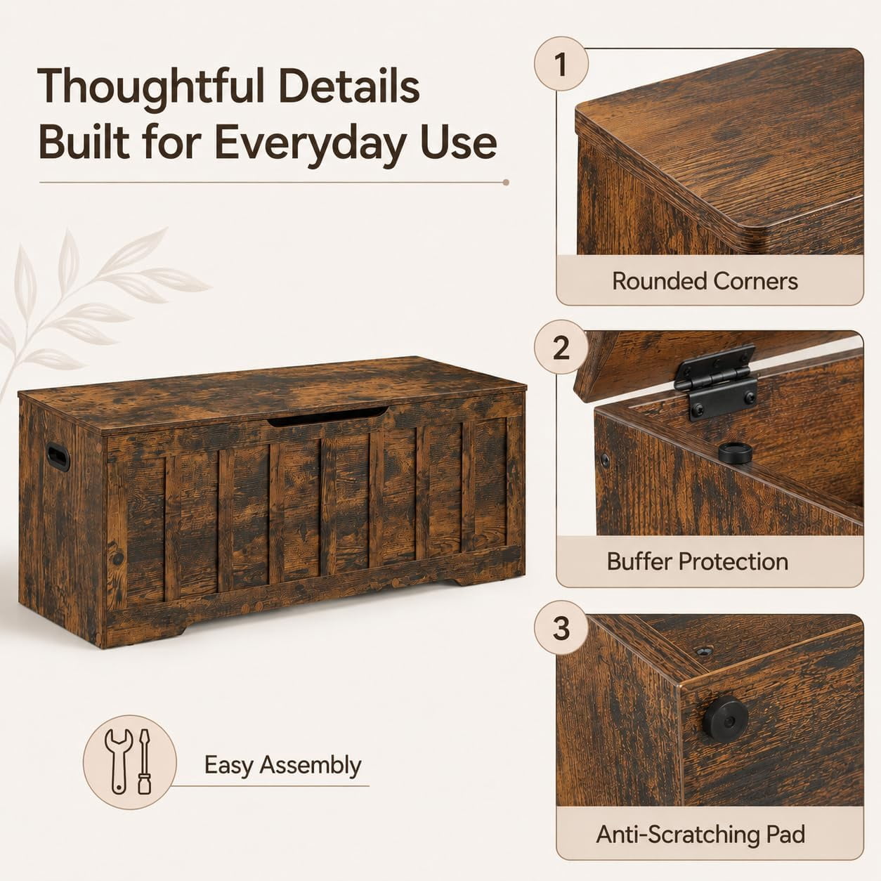 47.2" Storage Chest for Bedroom, Extra Large Wooden Storage Trunk with 2 Safety Hinges, Entryway Storage Bench, Blanket Chest and Storage Bench for Bedroom, Living Room, Hallway