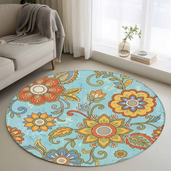 Turquoise Boho Floral Round Area Rug 3Ft Washable Small Circle Rugs for Kitchen Entryway, Vintage Abstract Art Ethnic Flowers Non-Slip Carpet Floor Mats Indoor Outdoor Carpet Runner Home Decor