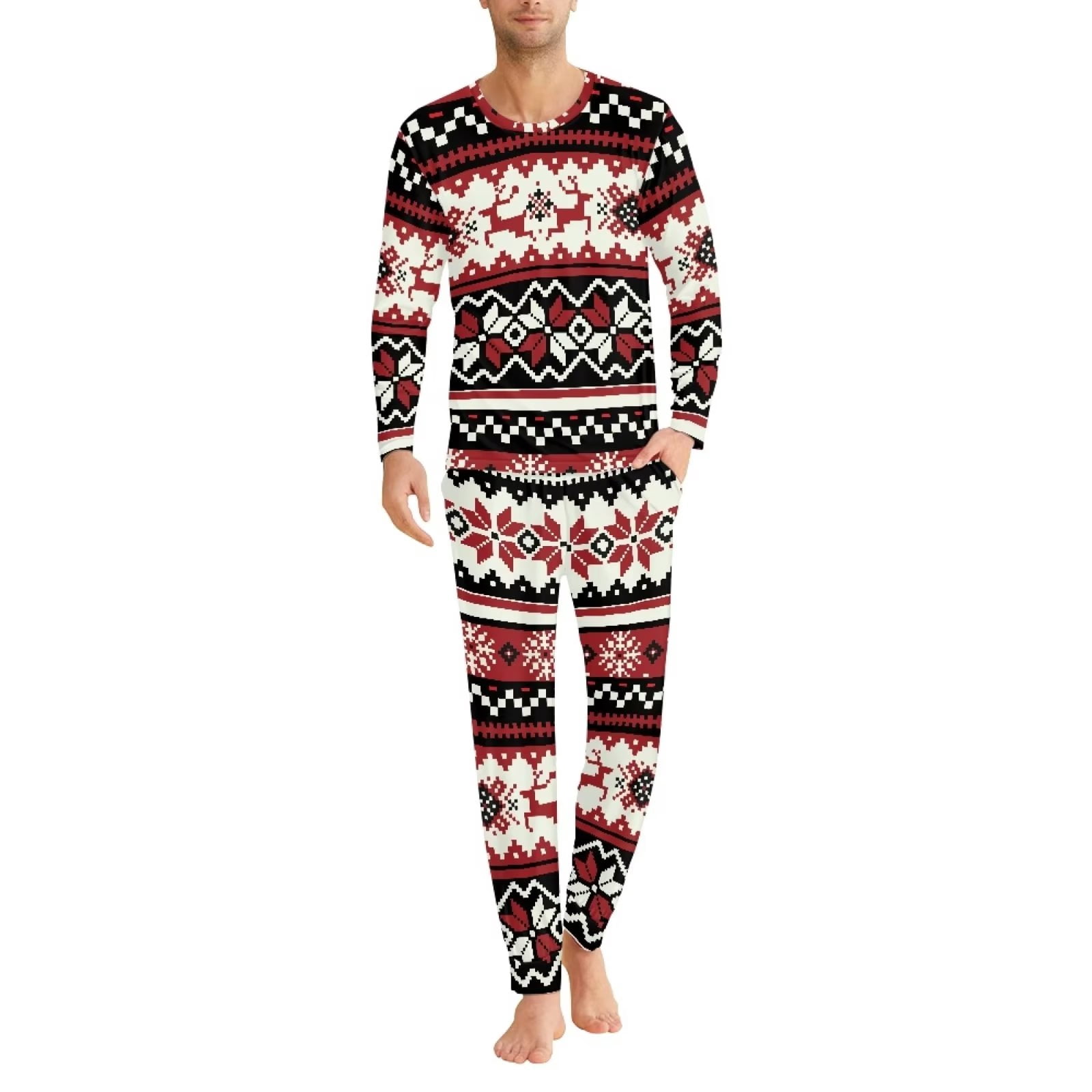 Renewold Matching Christmas Family Pajamas Aztec Southwest Snowflake Sleepwear Tops for Men Size 3XL Thermal Crew Neck Pullover Sweatshirt & Sweatpants Set of 2