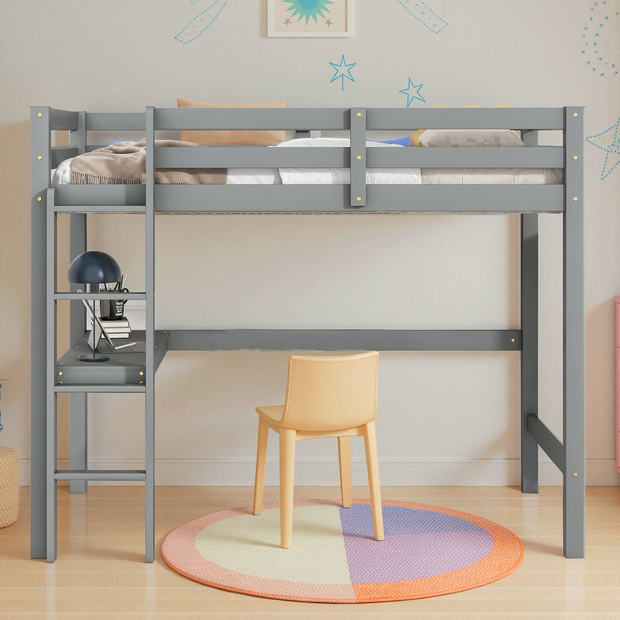 MAYEERTY Twin Loft Bed Pine Wood Bed Frame with Desk Guardrails Ladder,Grey