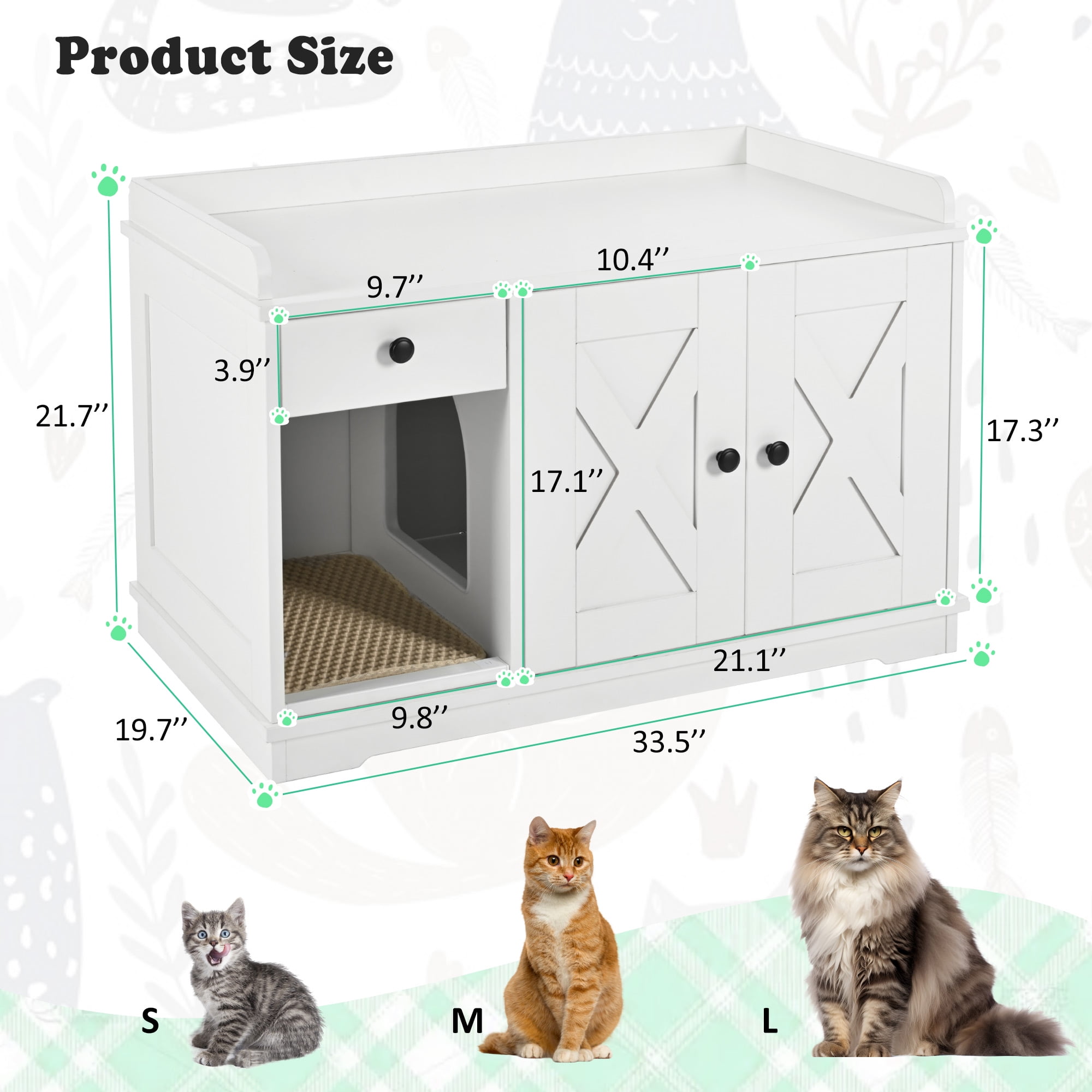 Euroco All-in-One Cat Litter Box Furniture with Drawer, Hidden Litter Box Enclosure, Winding Entrance, Storage Shelf, and Built-In Litter Mat