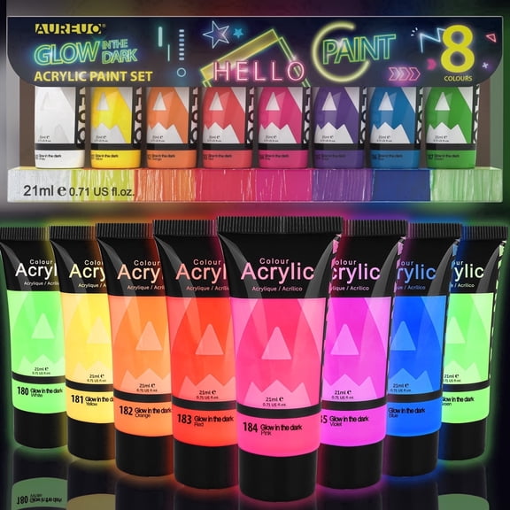 AUREUO Non-Toxic 8-Color Glow Acrylic Paint Set, Fluorescent Pigments for Canvas, Wood, Rocks, and Crafts