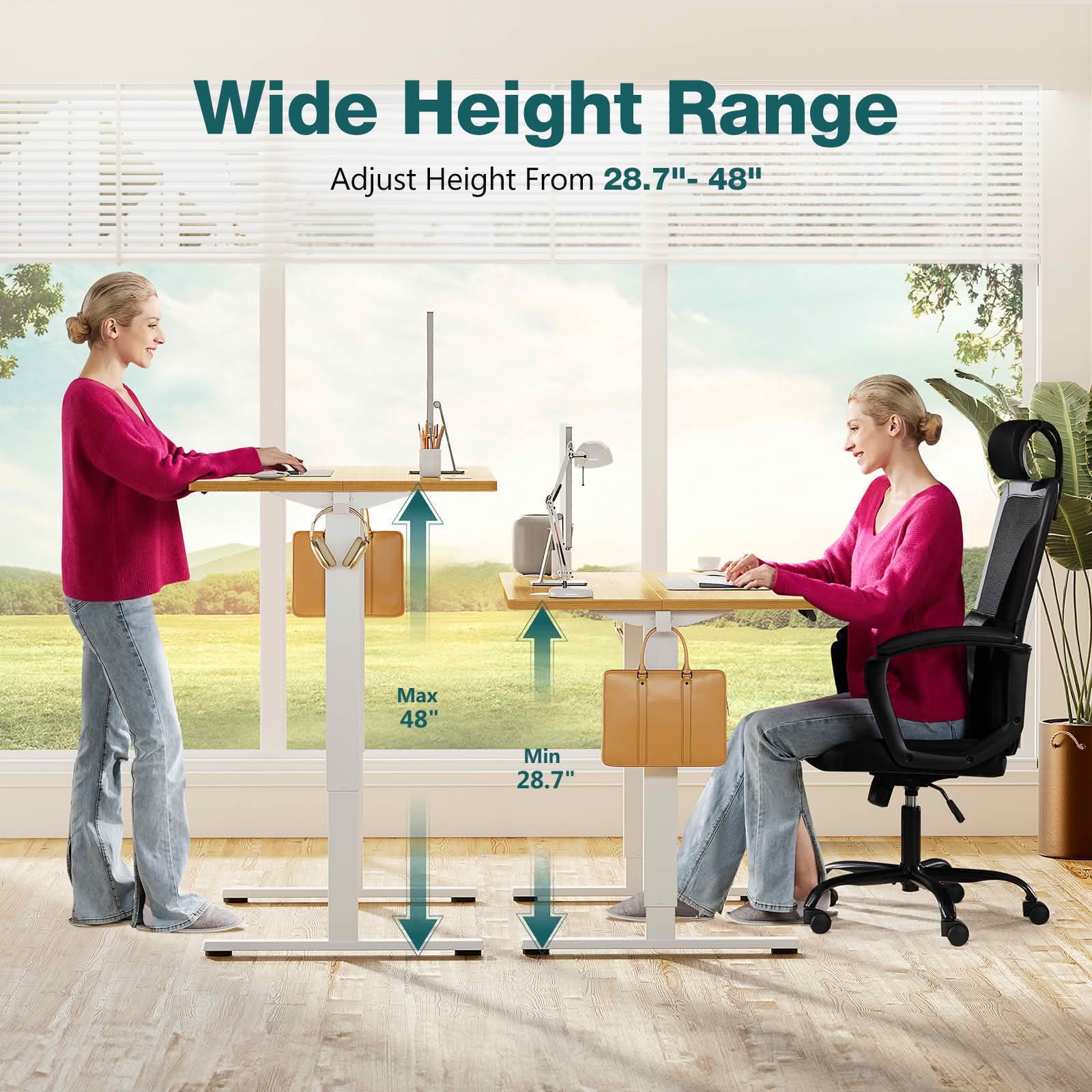 MAYEERTY 40x24 Ergonomic Height Adjustable Desk, T-Shaped Metal Bracket, Computer Workstation, Oak