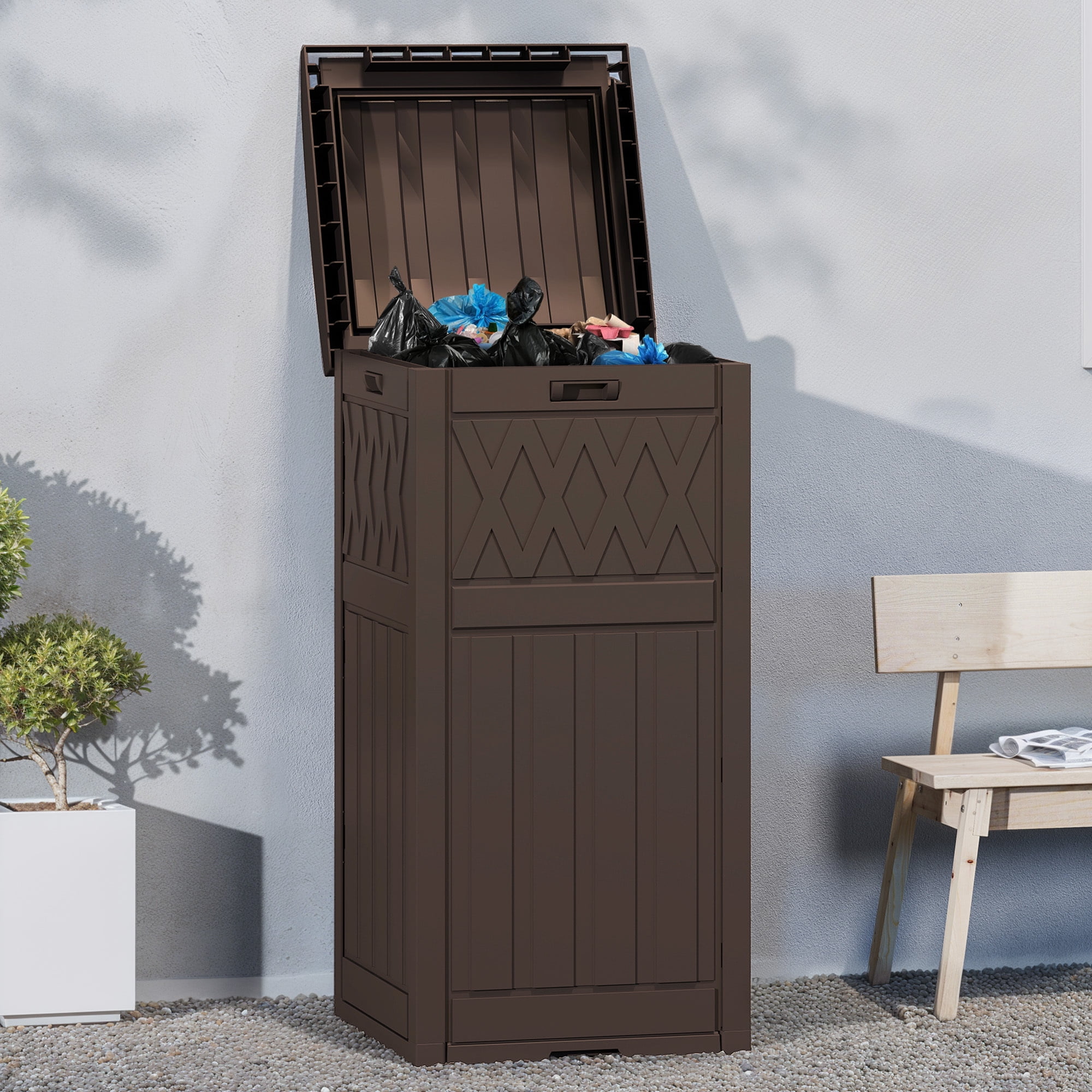 Uforic 33 Gallon Outdoor Trash Can, Layered Lid with Drip Tray, Waterproof Garbage Bin for Patio, Deck, Backyard, Dark Brown