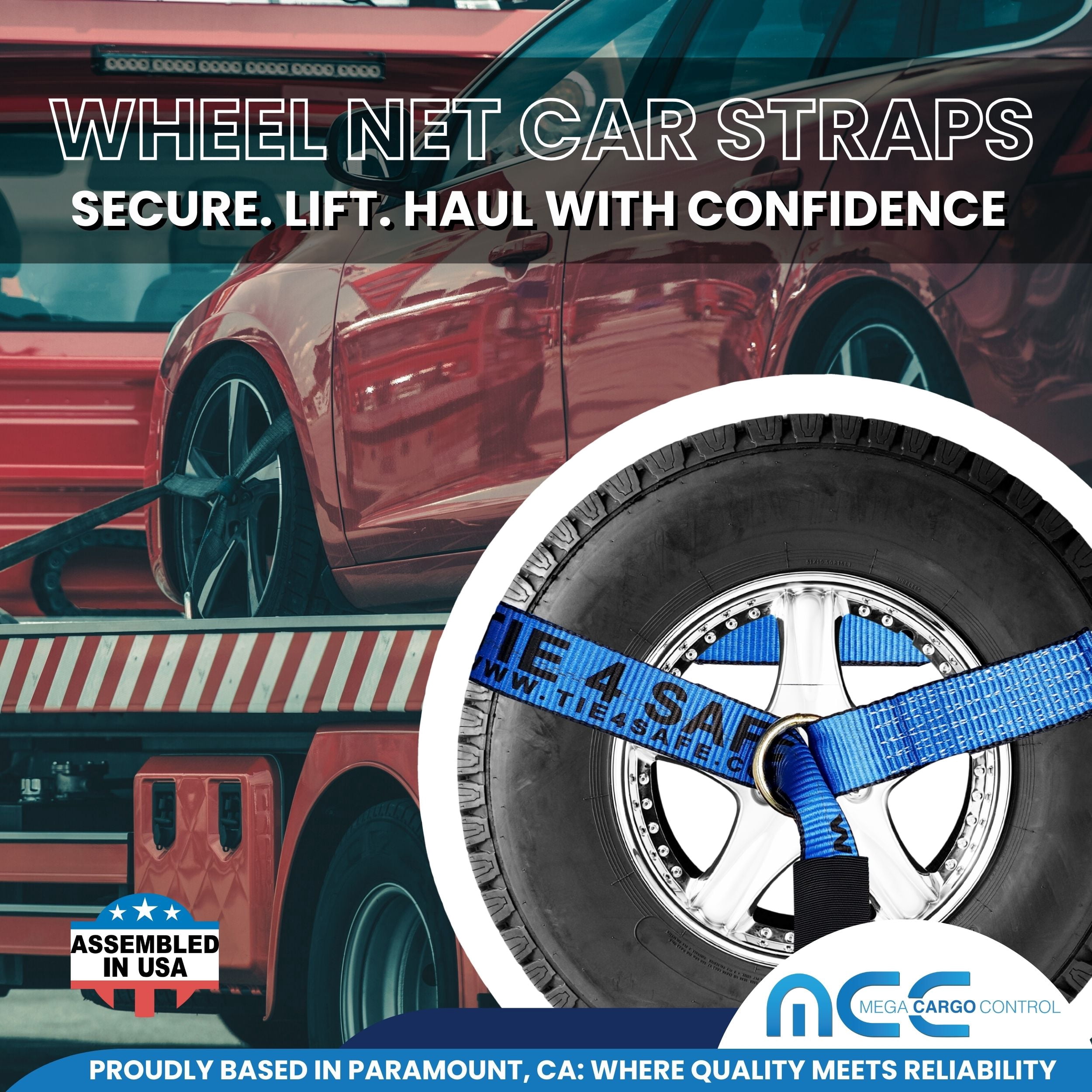Mega Cargo Control USA 4 Pack 2" x 10' Side Mount Wheel Net Tie Down w/ Ratchet Lasso Strap Flat Hook WLL: 3333 lbs Blue