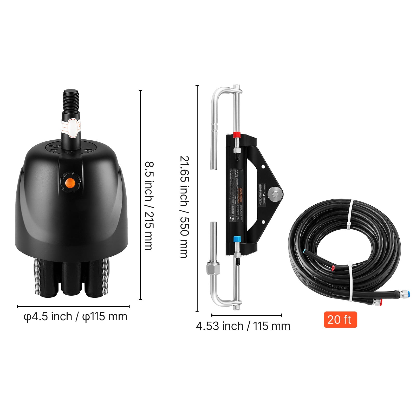 KFFKFF Hydraulic Steering Kit for 150HP Outboard Engines, 20 ft Marine Steering System, 2.5 MPa Helm Pump, Two-Way Lock Cylinder, Durable 20-Foot Hoses, Designed for Single-Engine Applications