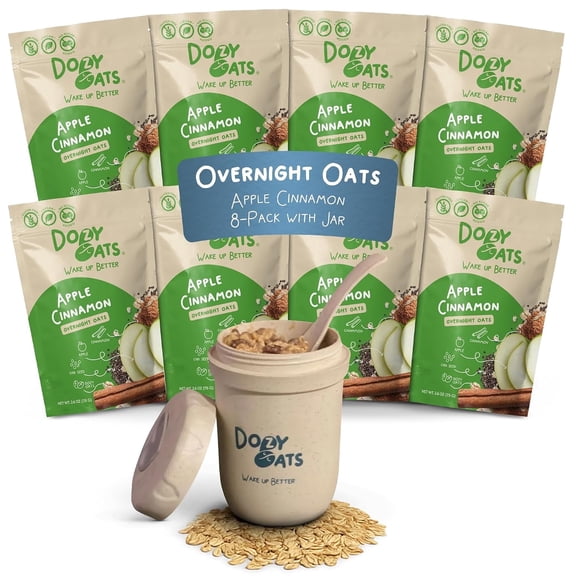 Dozy Oats Apple Cinnamon Overnight Oats Multipack, 8 Pack with Jar, Gluten Free Oatmeal, Real Apples, High Fiber